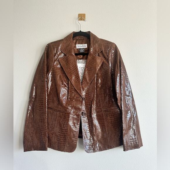 Vintage Bradley Bayou Brown Croc Shiny Leather Blazer Jacket Size M NWT - Picture 1 of 7